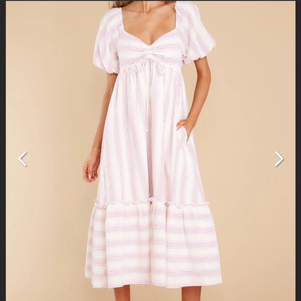 Moodie Striped Seersucker Tiered Midi Dress